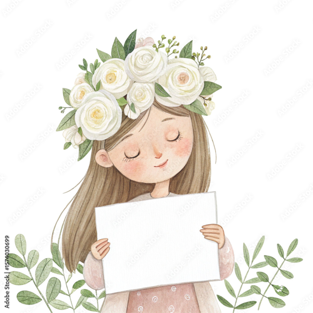 Cute girl wearing a flower crown standing holding a white wooden sign Blank Clipart watercolor Cute girl wearing a flower crown standing holding a white wooden sign Blank Clipart watercolor