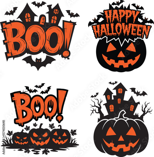 Happy Halloween Spooky Boo! lettering with haunted house, bats, pumpkins, ghosts, Vector illustration.