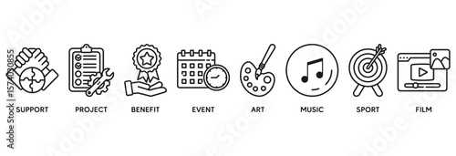 Sponsor icon set vector illustration concept relate to support, project, benefit, art, event, music, sport, and film