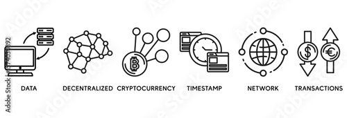 Blockchain icon set vector illustration concept relate to data, decentralized, crypto currency, timestamp, network and transactions