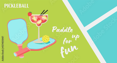 Fun pickleball banner with margarita and paddles. Colorful illustration for summer party, event invitation, beach club promo, or relaxing weekend game with cocktails and friends