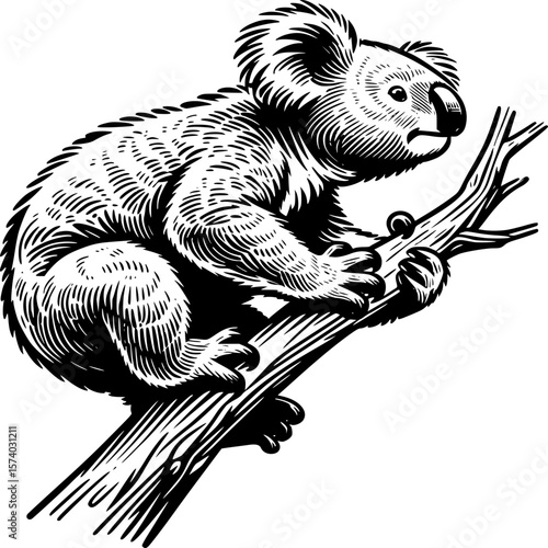 Koala in Tree Branch: An adorable koala perched contentedly on a sturdy tree branch. The artistic monochrome capture showcases the unique texture of its fur and the rustic wood.