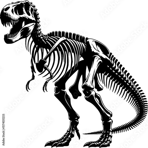 Tyrannosaurus Rex Skeleton: A detailed, black and white illustration of a Tyrannosaurus Rex skeleton, showcasing the imposing structure and skeletal details of this prehistoric predator. 