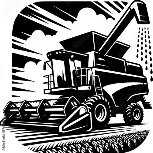 Harvesting Technology: The robust combine harvester efficiently gathers a bountiful crop. With the golden grains cascading downwards.