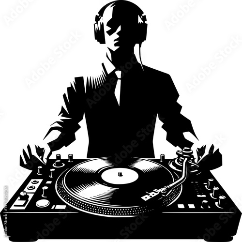 DJ at Work: A silhouette of a DJ engrossed in his craft, silhouetted against a sleek black backdrop, focused on the equipment, evoking energy and the pulse of music.