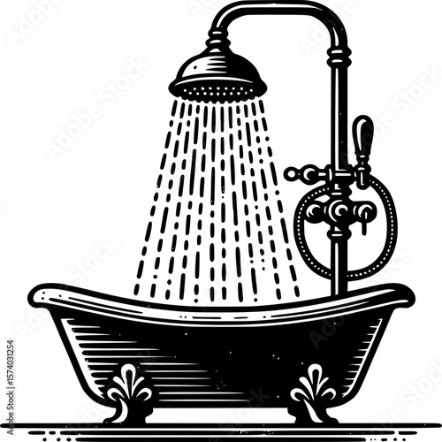 Vintage Shower Delight: A classic black and white illustration of a vintage clawfoot bathtub, elegant shower head with cascading water, symbolizing relaxation and old-world charm.