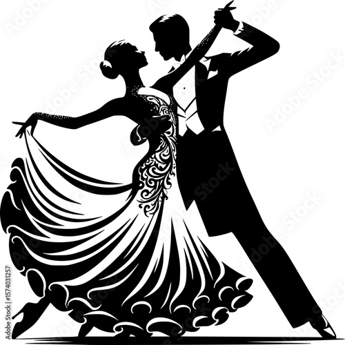 Graceful Dance: The captivating silhouette of a couple gracefully moves in an elegant dance, showcasing the beauty of rhythm and the connection between partners.