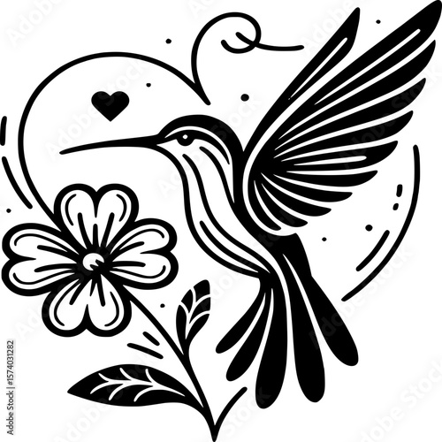 Hummingbird Harmony: A beautiful hummingbird gracefully hovers near a delicate flower, framed within an artistic heart, conveying a sense of love and nature's intricate beauty.