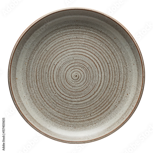 Round ceramic plate with circular design in neutral colors isolated on transparent background  
