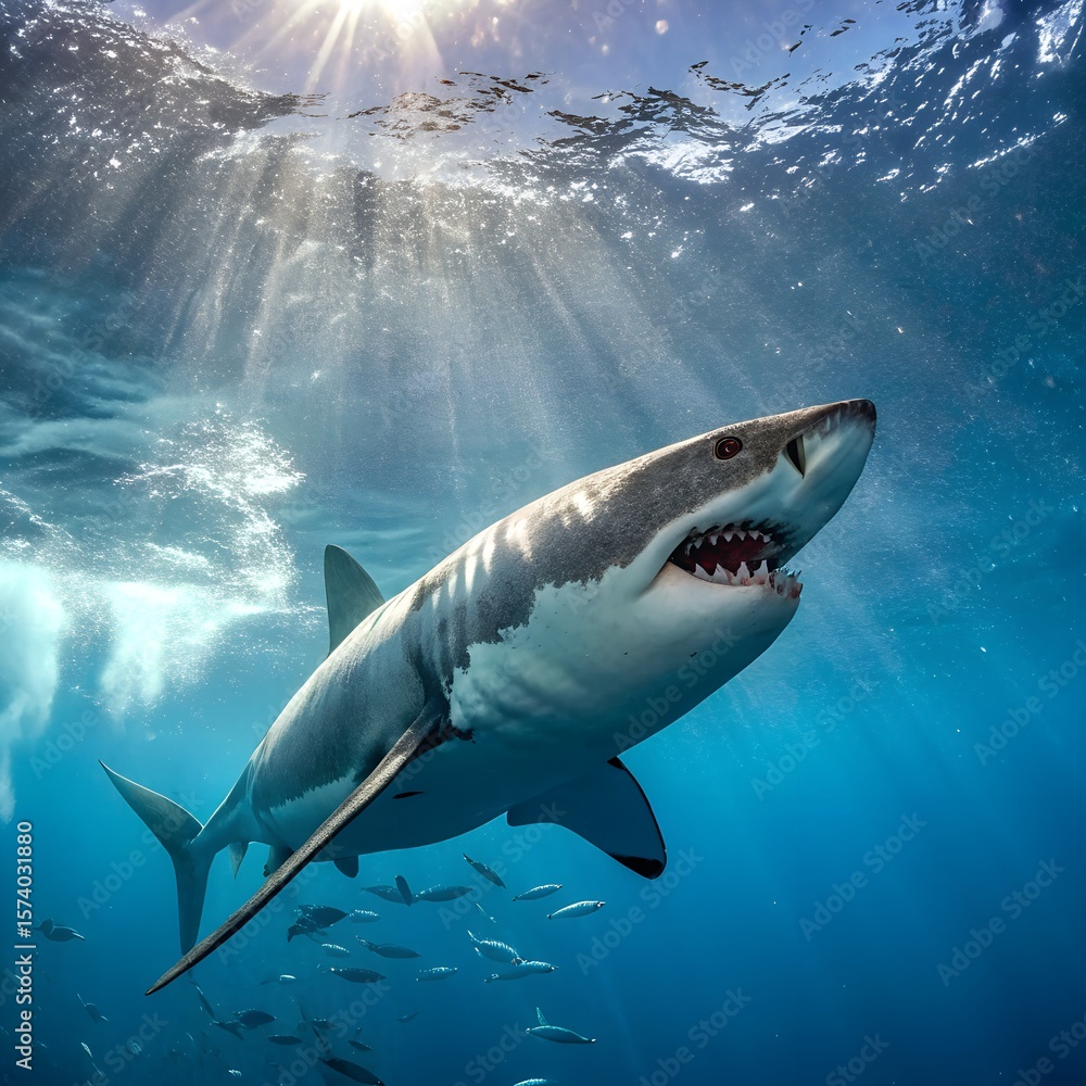 Fototapeta premium Powerful Great White Shark Swimming Under Sunlight: Majestic Ocean Predator Wildlife