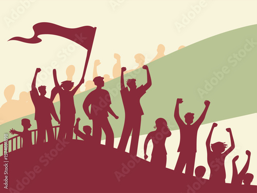 Silhouetted crowd raising fists and holding a flag people protest