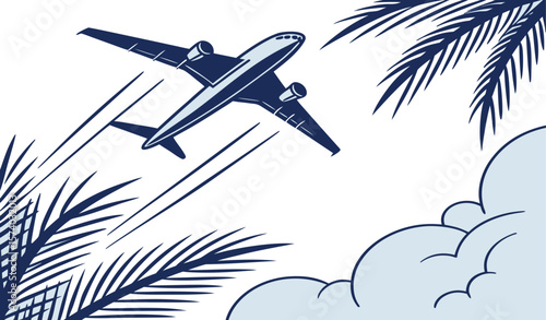 Jetliner soaring through clouds and palm fronds airplane aircraft