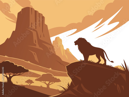 Majestic lion silhouetted atop rocky outcrop overlooking savanna landscape vector