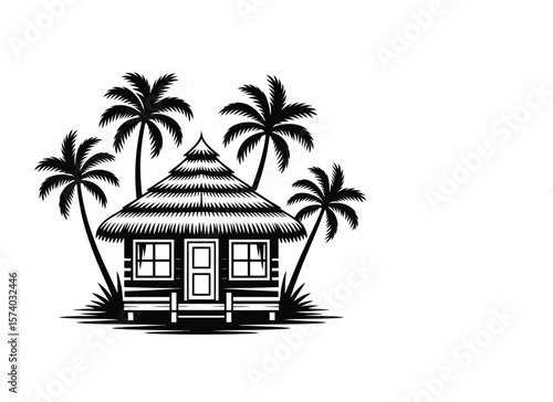 Black and White Beach Hut with Palm Trees Illustration