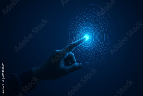 Human finger touching a glowing blue digital interface with concentric circles