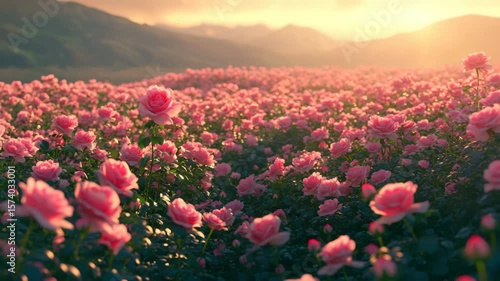 Pink rose flower field blooming under warm sunset light with mountain background, peaceful nature landscape garden bloom creating romantic atmosphere in vast pink flower field