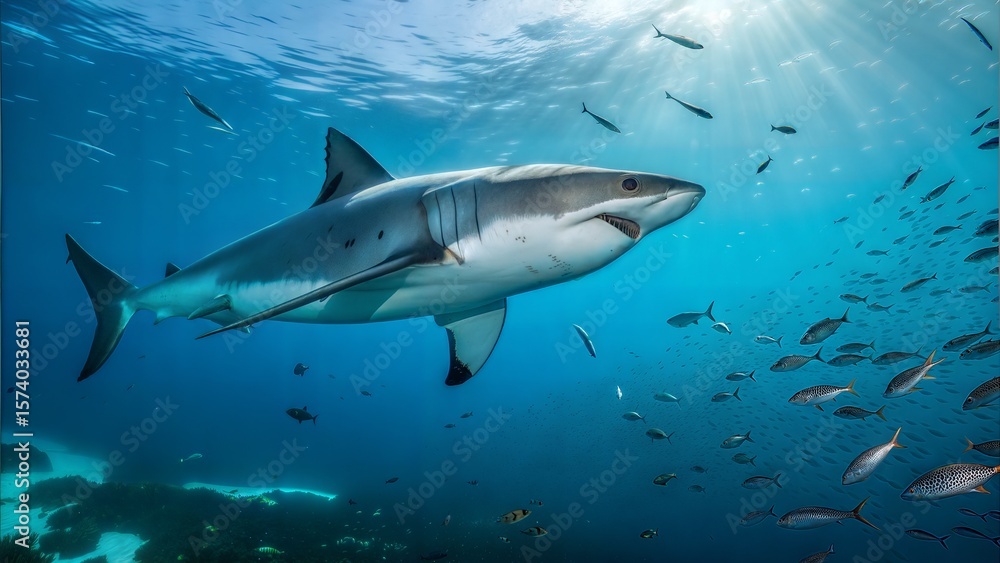 Fototapeta premium Majestic White Shark Undersea: A majestic white shark gracefully swims through the depths, its powerful form illuminated by sunlit rays. The dynamic scene captures the raw essence of ocean life.
