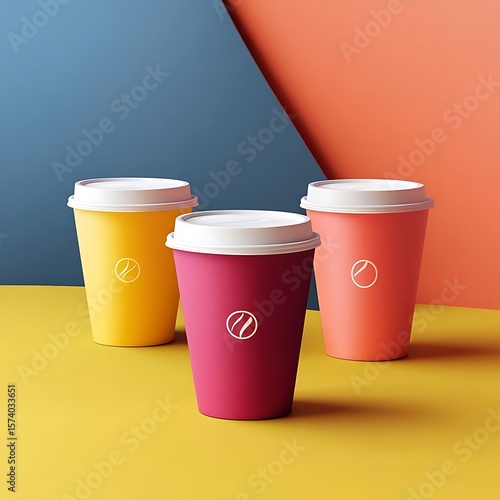 Colorful Coffee Cups on Yellow Table.