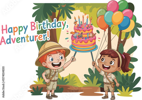 Cartoon jungle birthday celebration, explorer kids, happy adventurer party scene, balloons, cake, candles, forest background, smiling children illustration