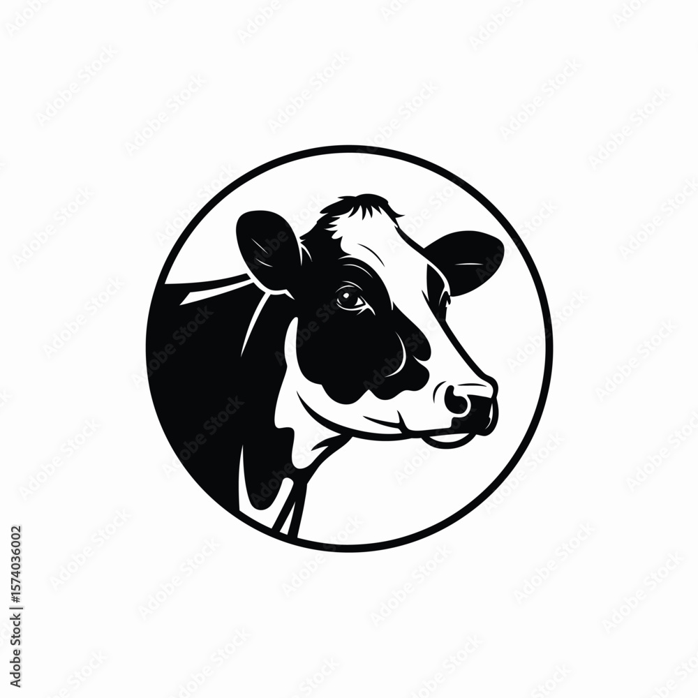 Naklejka premium Black and White Cow Head Inside a Circle cattle animal