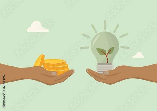 Two hands exchanging gold coins for eco-friendly light bulb with plant, symbolizing investment in renewable energy and sustainable technology solutions. Flat style. Vector illustration