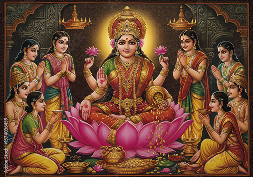 Lakshmi Devi, Goddess of Wealth, Prosperity and Fortune, Hindu Art, Lotus Flower, Devotees, Indian Culture