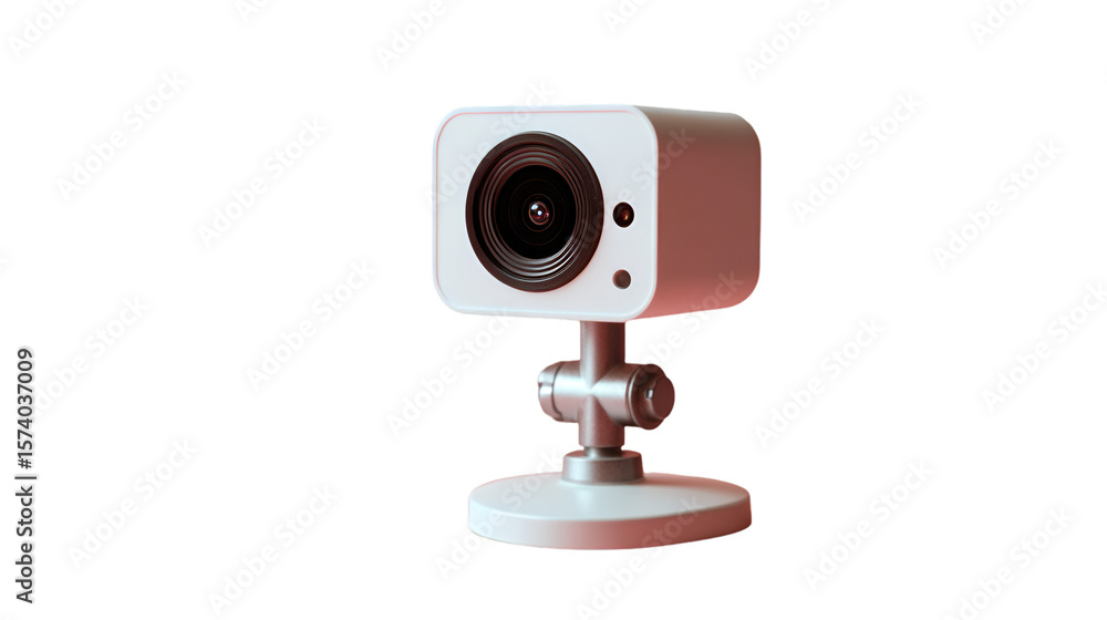 A white webcam with a round lens and a silver stand against a black and reddish background A white webcam with a round lens and a silver stand against a black and reddish background