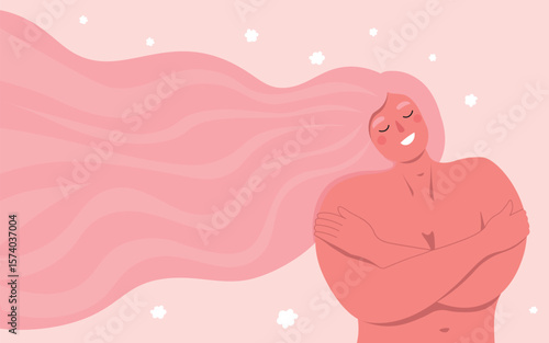 Woman hugging herself with love. Beautiful femal with long hair. Vector flat graphics.