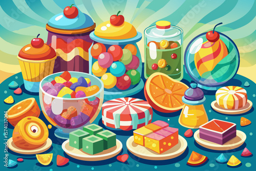 vector of Colorful candies, jelly and marmalade are arranged in their own containers on the bright table...