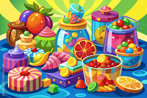 vector of Colorful candies, jelly and marmalade are arranged in their own containers on the bright table...