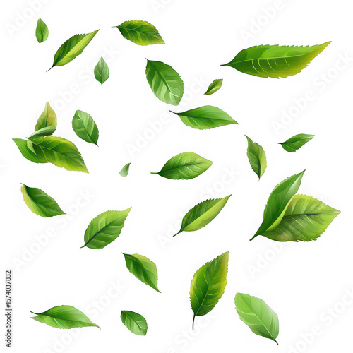 Scattered green leaves on black background nature foliage