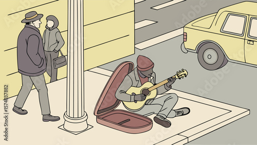 Man playing guitar on the street next to a car cartoon vector illustration