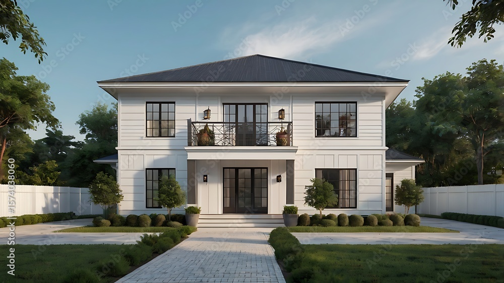 Fototapeta premium Elegant Colonial house with symmetrical facade, white siding, 3D render