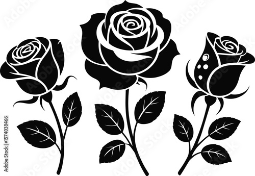 A collection of three stylized black rose illustrations, including a blooming flower, a profile view, and a rosebud with dew drops. This elegant vector silhouette set, tattoos, wedding invitations