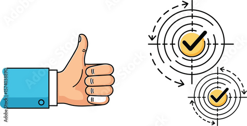 A thumbs up hand next to two targets with check marks inside on a light background