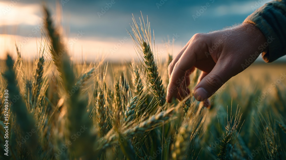 Fingers grazing through tall wheat in evening light, wide sky view Fingers grazing through tall wheat in evening light, wide sky view