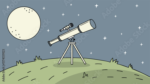 Telescope standing on surface viewing the moon under starry night sky