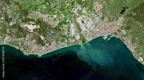 Konstfotografi Satellite view of Malaga coastline and urban area, Spain, July 2025, High-resolu
