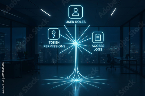 Cyber security conceptual illustration displaying user roles token permissions and access logs depicted in a futuristic and high tech office environment