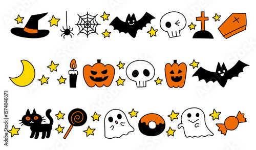 ハロウィンモチーフがたくさん入ったポップで可愛い飾り罫セット ベクター