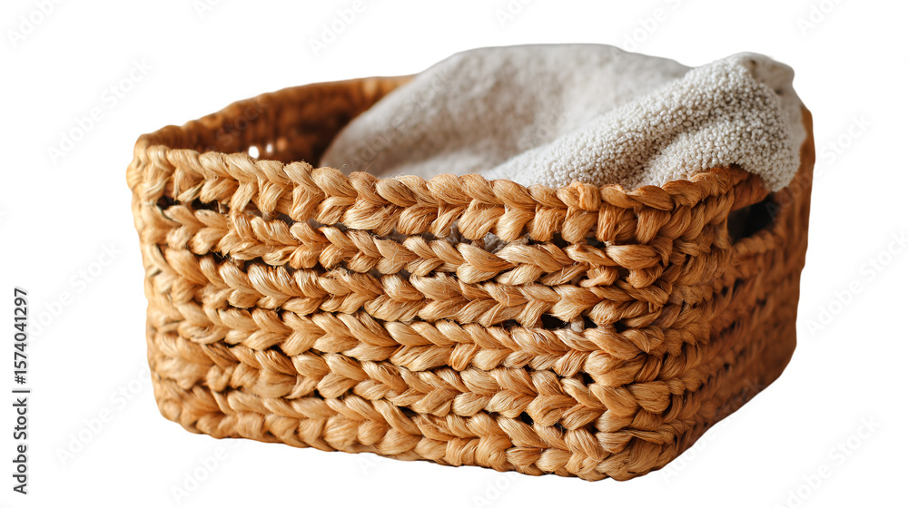 Obraz premium A woven basket with a white towel inside showing texture and craftsmanship in a studio setting