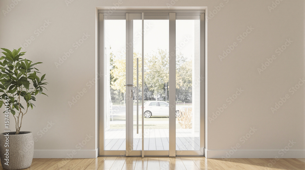 Fototapeta premium Modern interior with large glass doors.