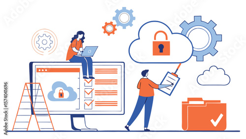 Business Cloud Computing and File Backup Technology – Administrator and Developer Team Working on Cloud Server Login via Computer Monitor (AI Generated)