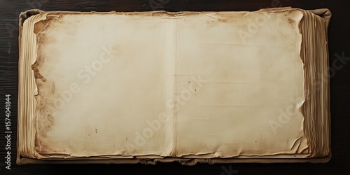 High-resolution image of an ancient open book with burnt, torn, and weathered blank pages. 