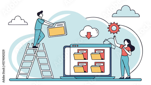 Business Technology File Upload and Backup – Cloud Server Storage Concept with Administrator and Developer Team Working on Computer Monitor (AI Generated