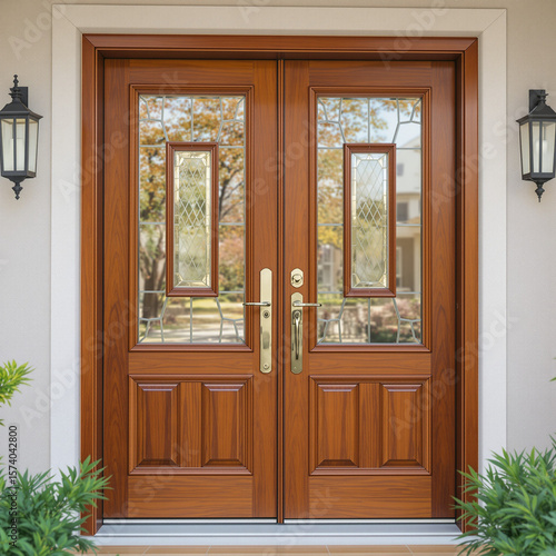 Double entry doors with decorative glass panels.