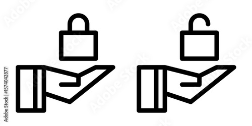 icon set of an open hand holding a padlock and an unlocked padlock. The closed lock represents security, privacy, or restriction, while the open lock symbolizes access, permission, or unlocked content