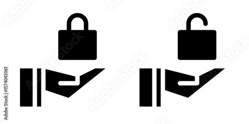 icon set of an open hand holding a padlock and an unlocked padlock. The closed lock represents security, privacy, or restriction, while the open lock symbolizes access, permission, or unlocked content