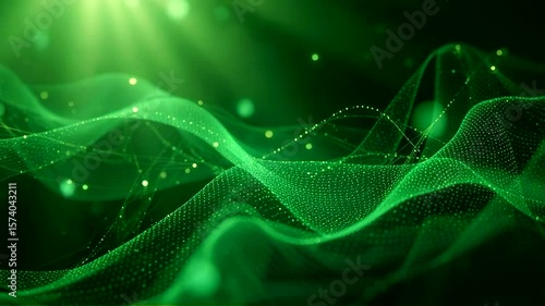 Flowing digital green wave with light particles and bright light source