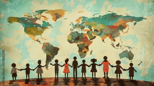 Fototapeta Naklejka Na Ścianę i Meble -  Children Silhouettes Holding Hands in Front of Artistic World Map, Unity Concept Illustration
